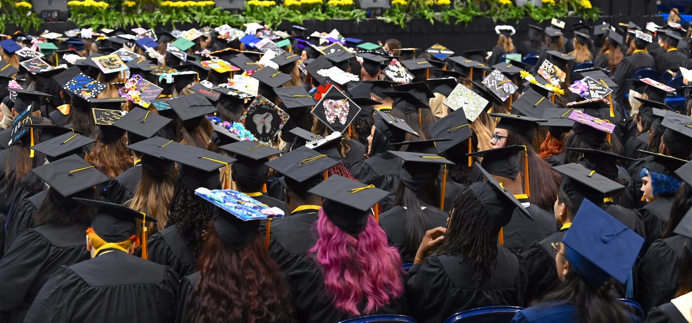 A crowd of graduates wearing caps and gowns viewed from behind.