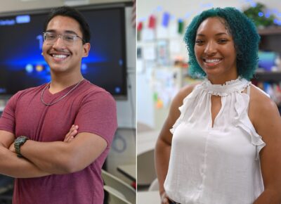 Split image with Luis Mancilla, a 17-year-old boy with dark hair and glasses smiling on the left side of the frame. On the right side of the frame is Shayla Battle, a 17-year-old girl with blue hair smiling with her hand on her hip.