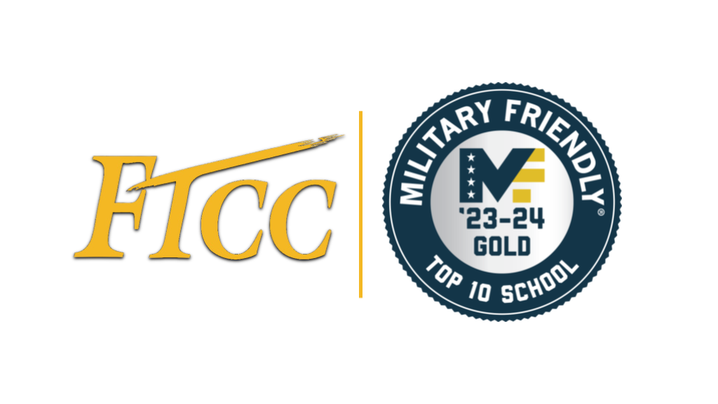 Ftcc Swoosh logo next to the Military Friendly Top 10 School medallion logo
