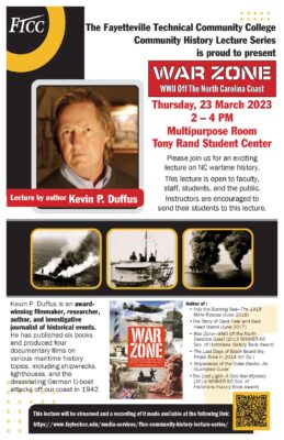 Poster promoting Kevin P. Duffus lecture about World War II events off the North Carolina coast.