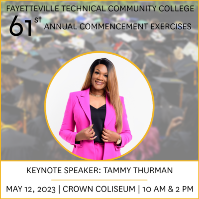 A graphic announcing Tammy Thurman as the keynote speaker for the 61st annual commencement exercises