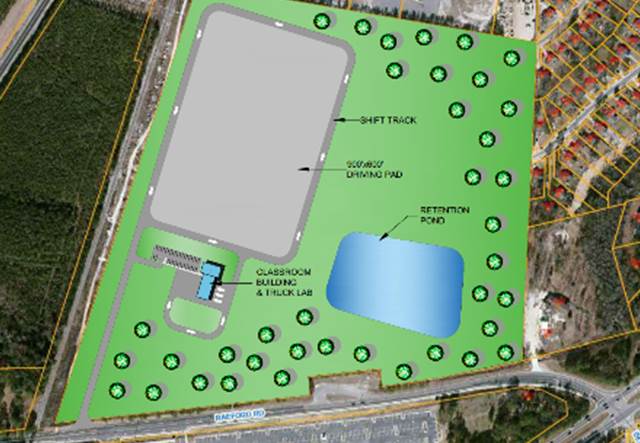 An overhead map with a rendering of plans for a truck driving training facility, retention pond and parking lot.