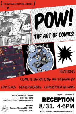 A poster with comics illustrations and information about the opening reception.