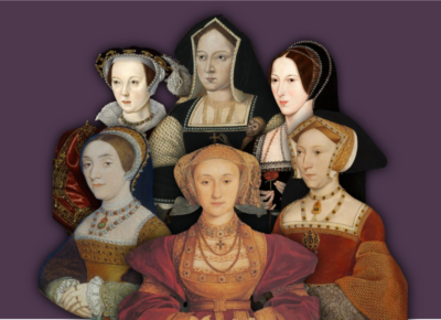 Graphic showing a composite of portraits of the six wives of Henry VIII.