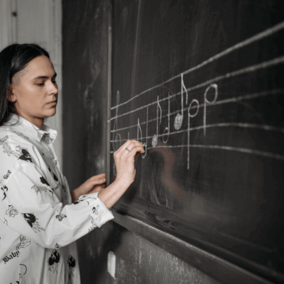 Picture of women writing musical notes on blackboard