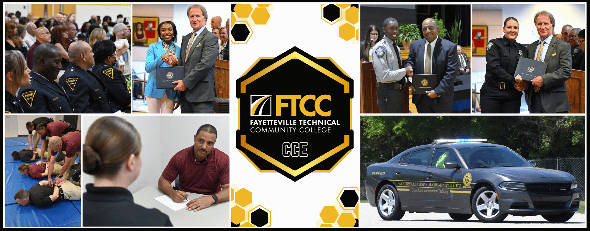 Collage of FTCC Law Enforcement Training: graduations, hands-on training, classroom activities, and a patrol car with FTCC branding.