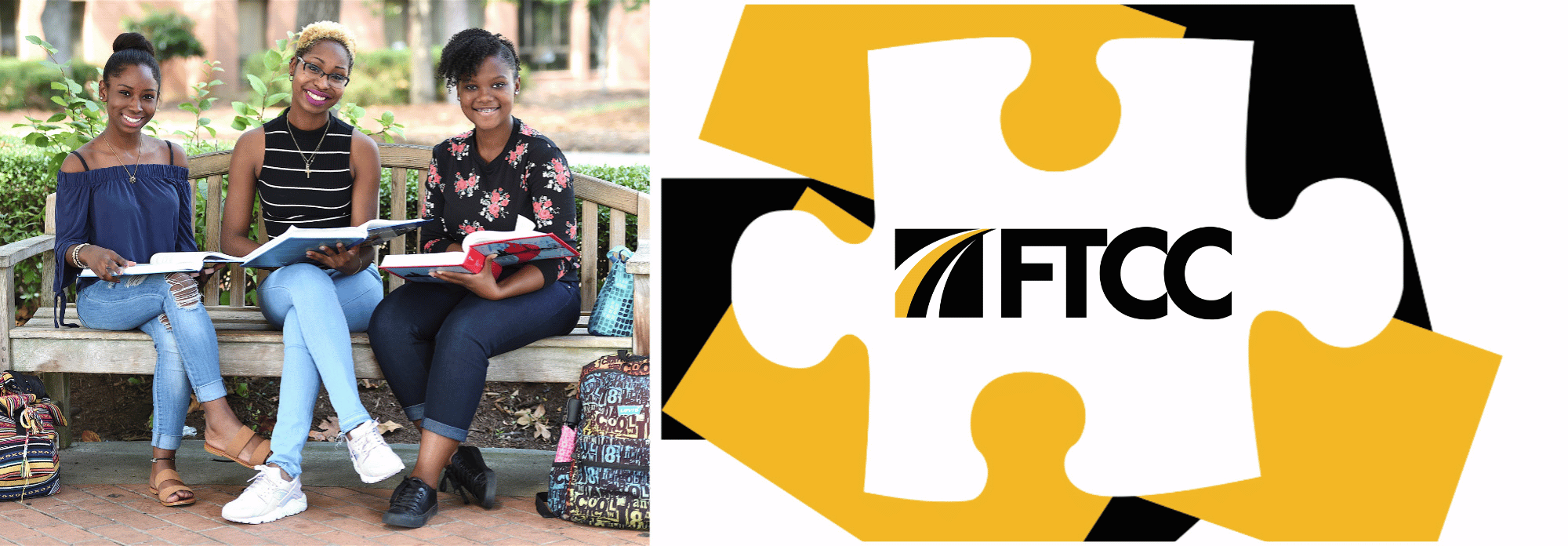 Three Students With Books Sitting On A Bench Beside The Ftcc Logo On Puzzle Pieces.