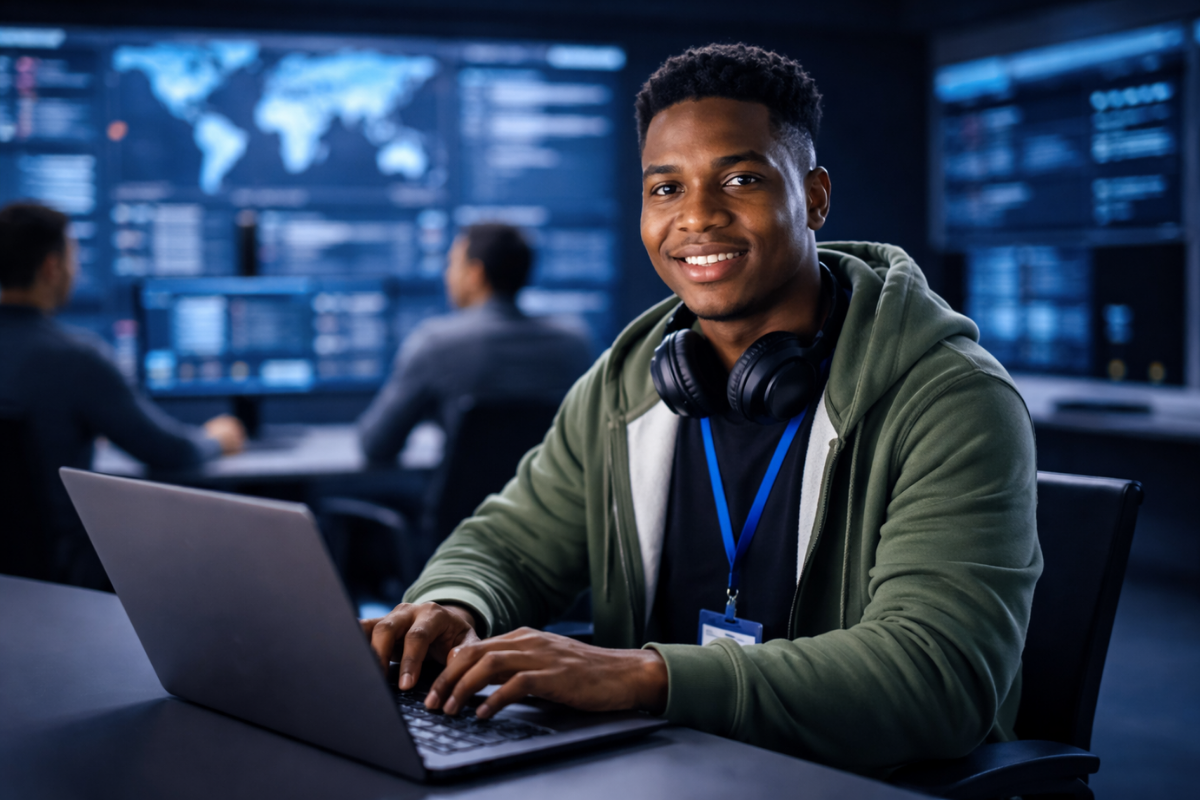 Cybersecurity Student Smiling While Typing On Laptop