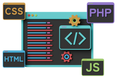 A 3d Illustration Depicting Web Development With Icons For Html, Css, Php, And Js
