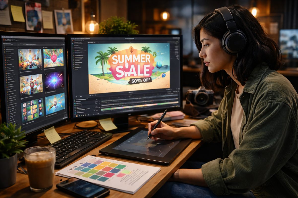 A Digital Media Student Sits At A Creative Workstation Using A Pen Tablet And Dual Monitors To Design Colorful Promotional Graphics And Animation.