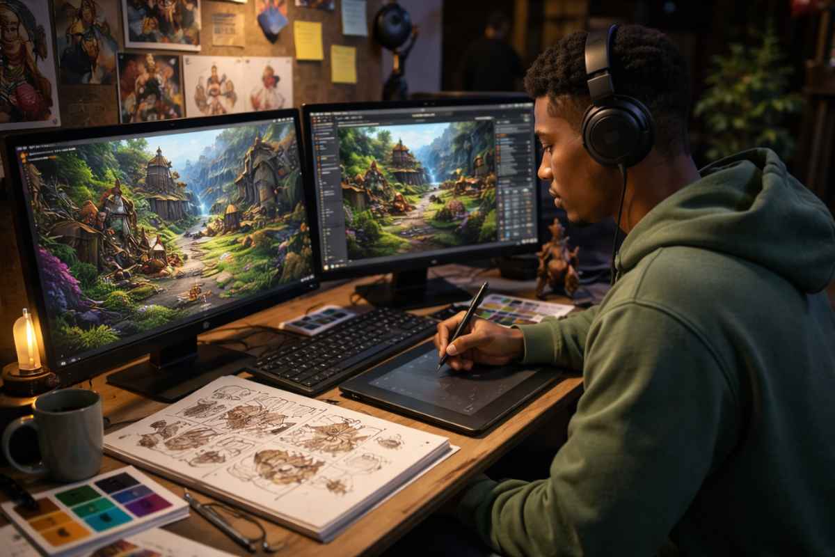 A Game Designer Sits At A Desk Using A Drawing Tablet And Dual Monitors To Create A Fantasy Game Environment.