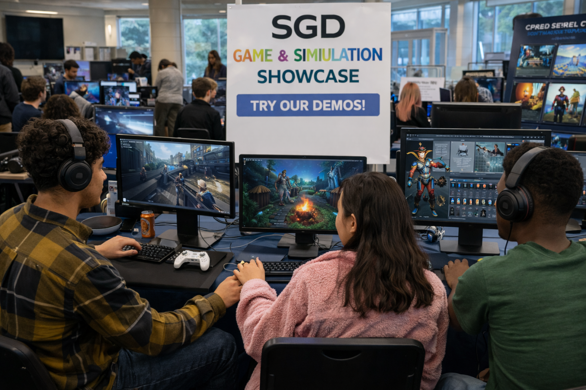 A Group Of Students Sit At Computer Stations On An Upper Floor Showcase Space, Testing And Demonstrating Games And Interactive Simulations On Large Monitors.