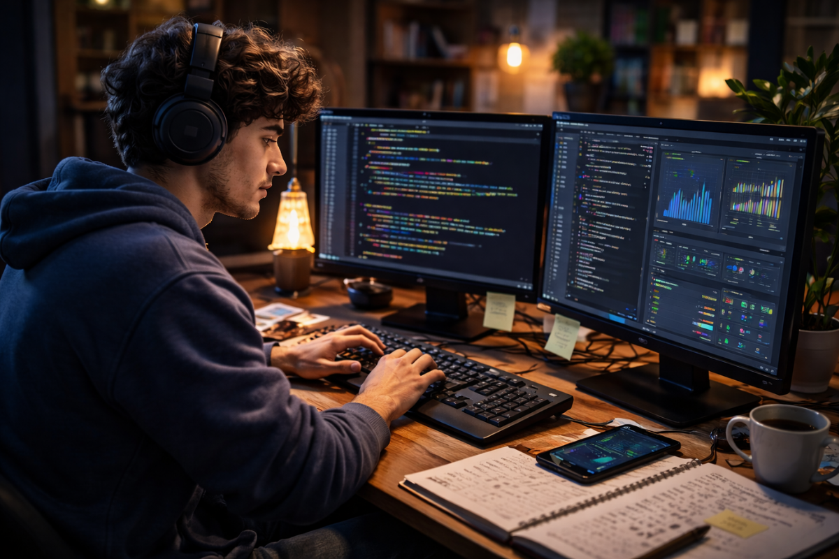 A Programming Student Sits At A Desk Typing Code On A Keyboard While Looking At Dual Monitors Filled With Software And Data Visualizations.