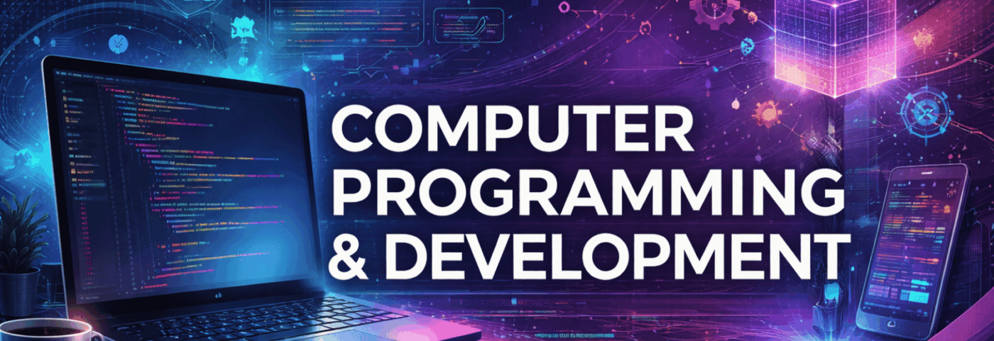 Banner For Computer Programming & Development With Bold White Title Text, A Laptop Displaying Code, And A Glowing Blue Purple Digital Background With Tech Graphics And A Smartphone.