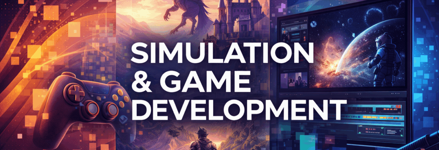 Banner For Simulation & Game Development With Bold White Text, A Fantasy Dragon And Castle, A Sci Fi Game Screen, And Glowing Pixel Style Graphics In Purple, Blue, And Orange.