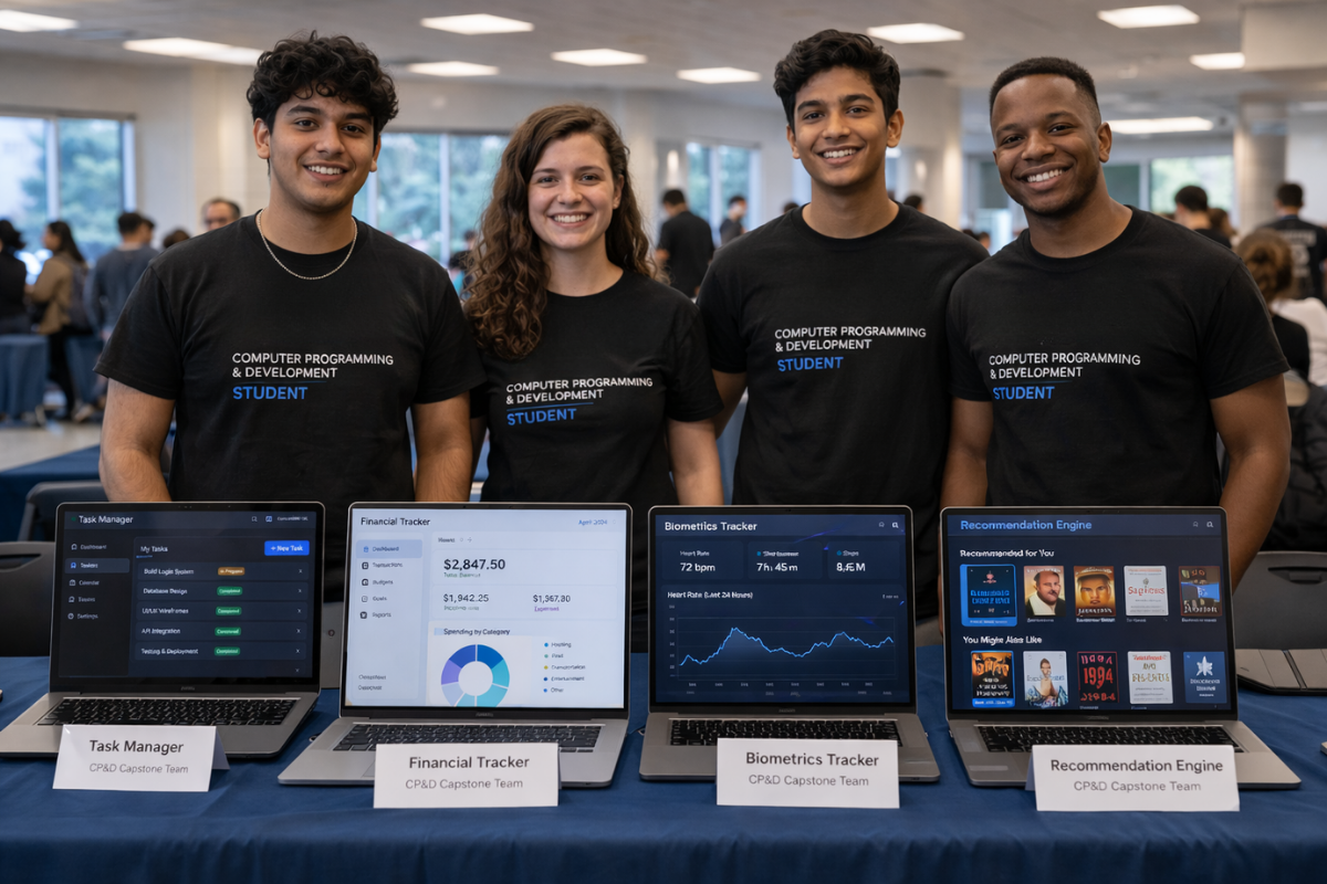 Four Students Stand Behind A Table At A Programming Showcase, Smiling As They Present Software Projects On Open Laptops