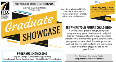 Graduate Showcase Flyer for Computer & Information Technology. May 7, 2026 from 4pm - 7pm. FTCC campus.