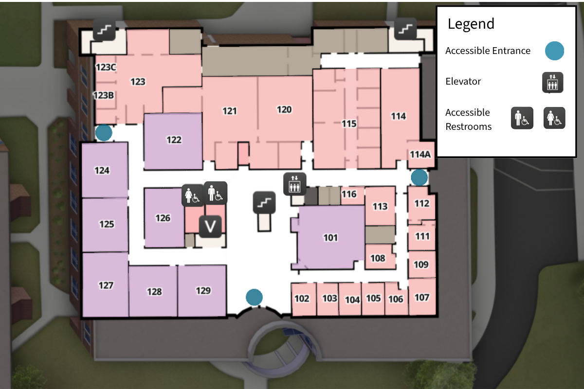 Map of the FTCC VCC Building first floor showing room numbers, elevator, accessible restrooms, and three accessible entrances marked with blue circles.