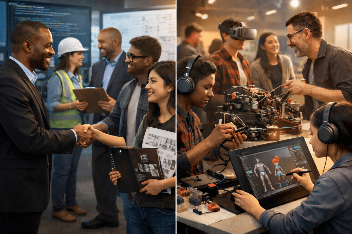 Split Scene Employer Greets Students On One Side While Others Build Tech Projects, Explore Vr, And Design Digitally V2.