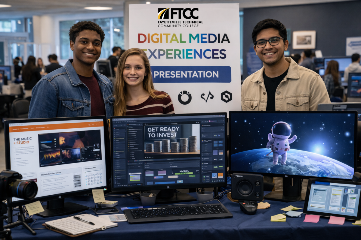 Three Students Stand Behind A Display Table On An Upper Floor Digital Media Showcase, Presenting Projects On Monitors And A Tablet.