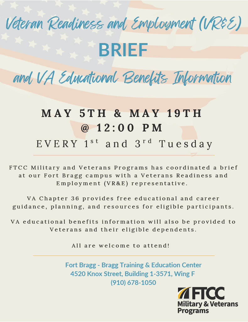 Vr&e Brief And Va Educational Benefit Information Flyer. Event is on May 5th & May 19th at 12:00 PM.