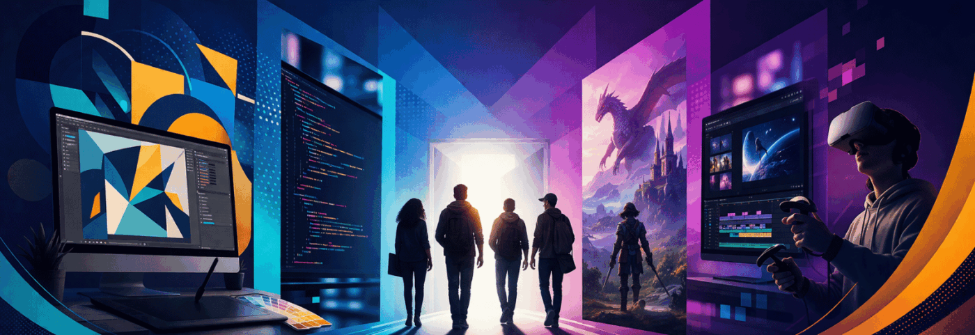 Wide Panoramic Banner Showing A Futuristic Creative Tech Showcase.