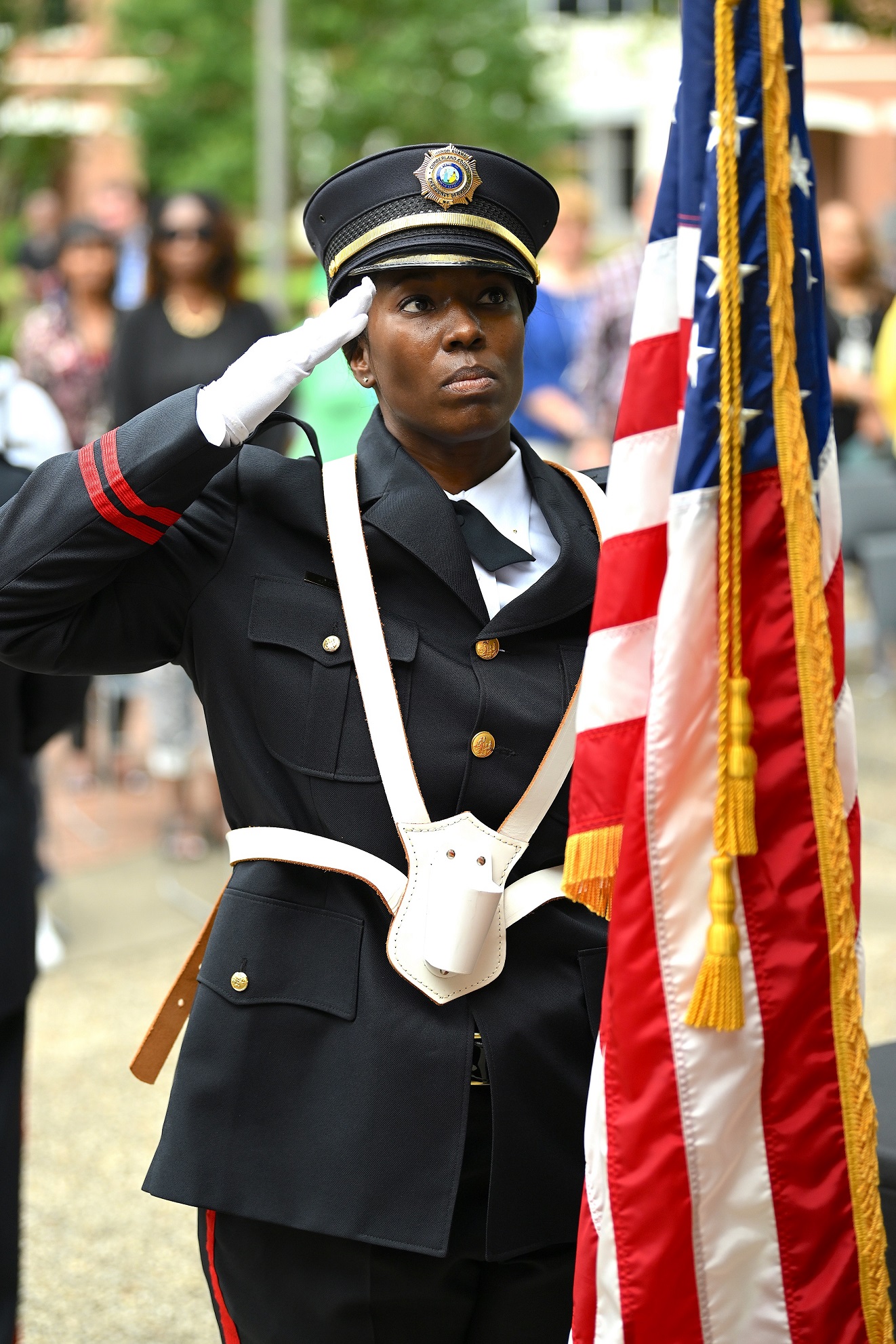 A member of the Cumberland County Emergency Services Honor Guard salutes the flag of the United States.