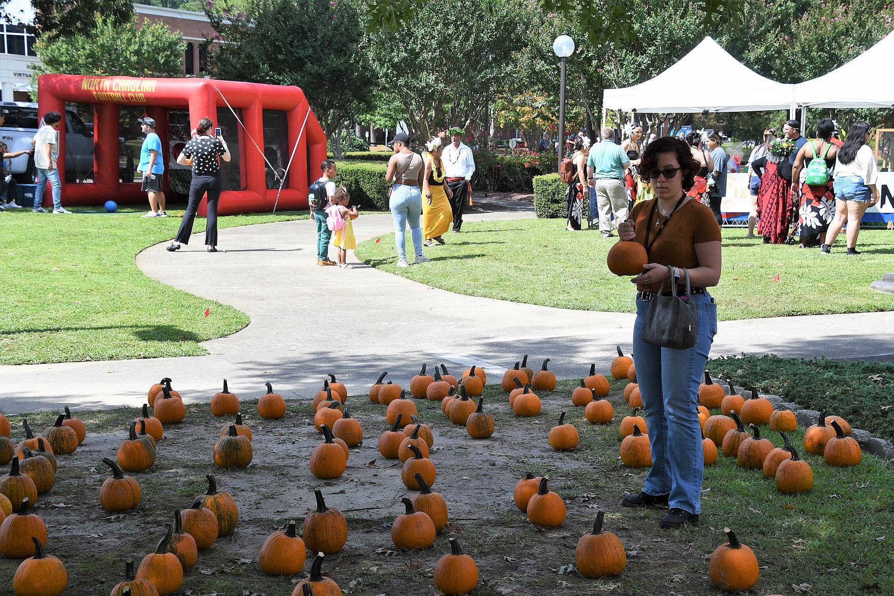 A student stands among rows of small pumpkins sitting on the ground.