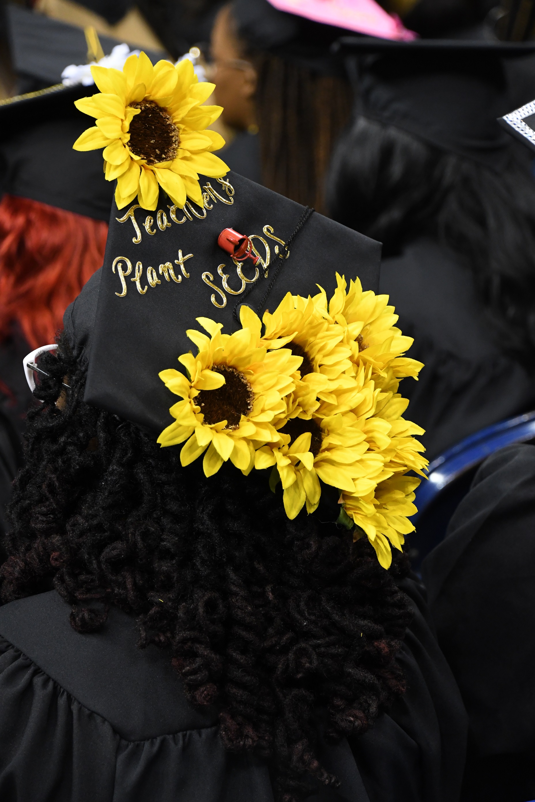 A graduation cap decorated with sunflowers and says "Teachers Plant Seeds"