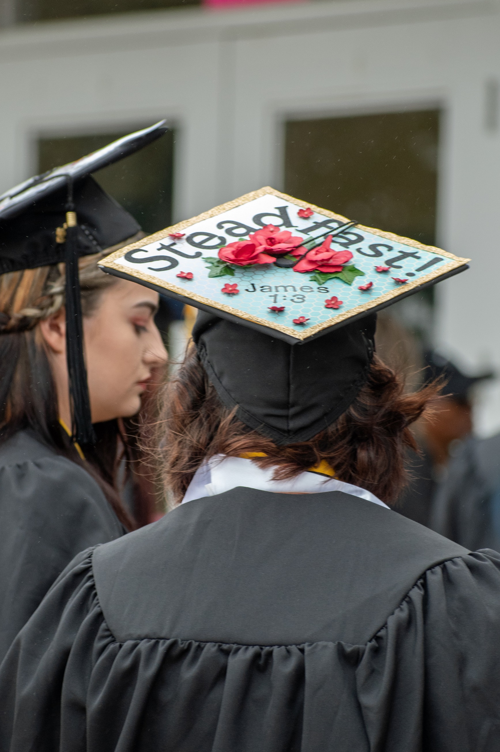 A graduation cap that says "Steadfast!" and James 7:3.
