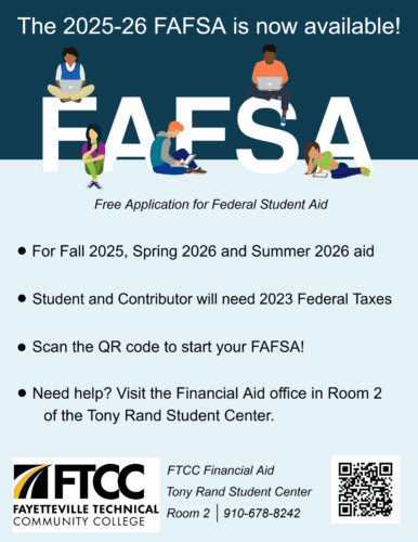 Flyer announcing the 2025–26 FAFSA availability with application details and financial aid contact information.