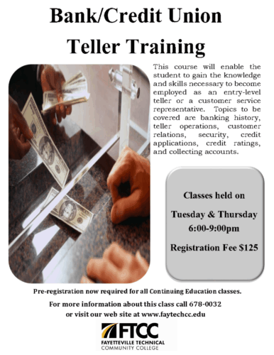 Flyer for bank teller training course with evening class schedule and $125 registration fee.