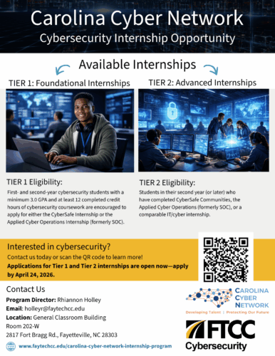 This flyer announces the Carolina Cyber Network Cybersecurity Internship Opportunity