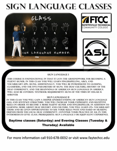 Poster for sign language classes covering ASL basics and intermediate skills with flexible class times.