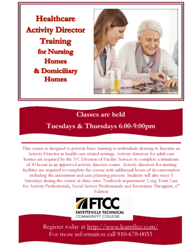 Flyer for healthcare activity director training with evening class schedule and program description.