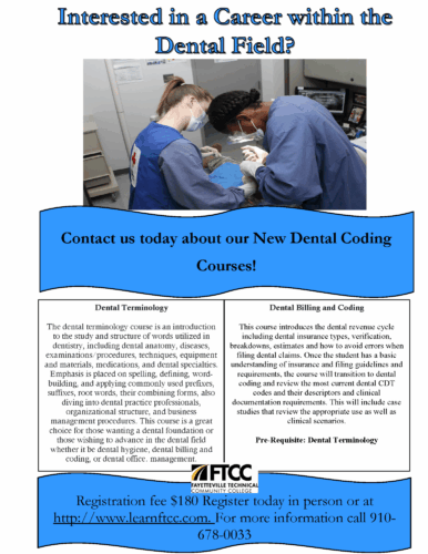 Poster promoting dental coding courses with descriptions of dental terminology and billing classes and registration information.