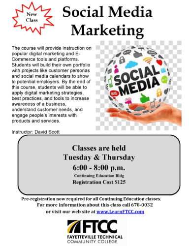 Flyer for a social media marketing class with evening schedule, instructor name, and $125 registration cost.