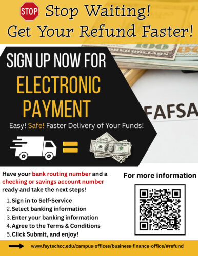 Poster encouraging students to sign up for electronic payment for faster refunds, with step-by-step instructions and QR code.